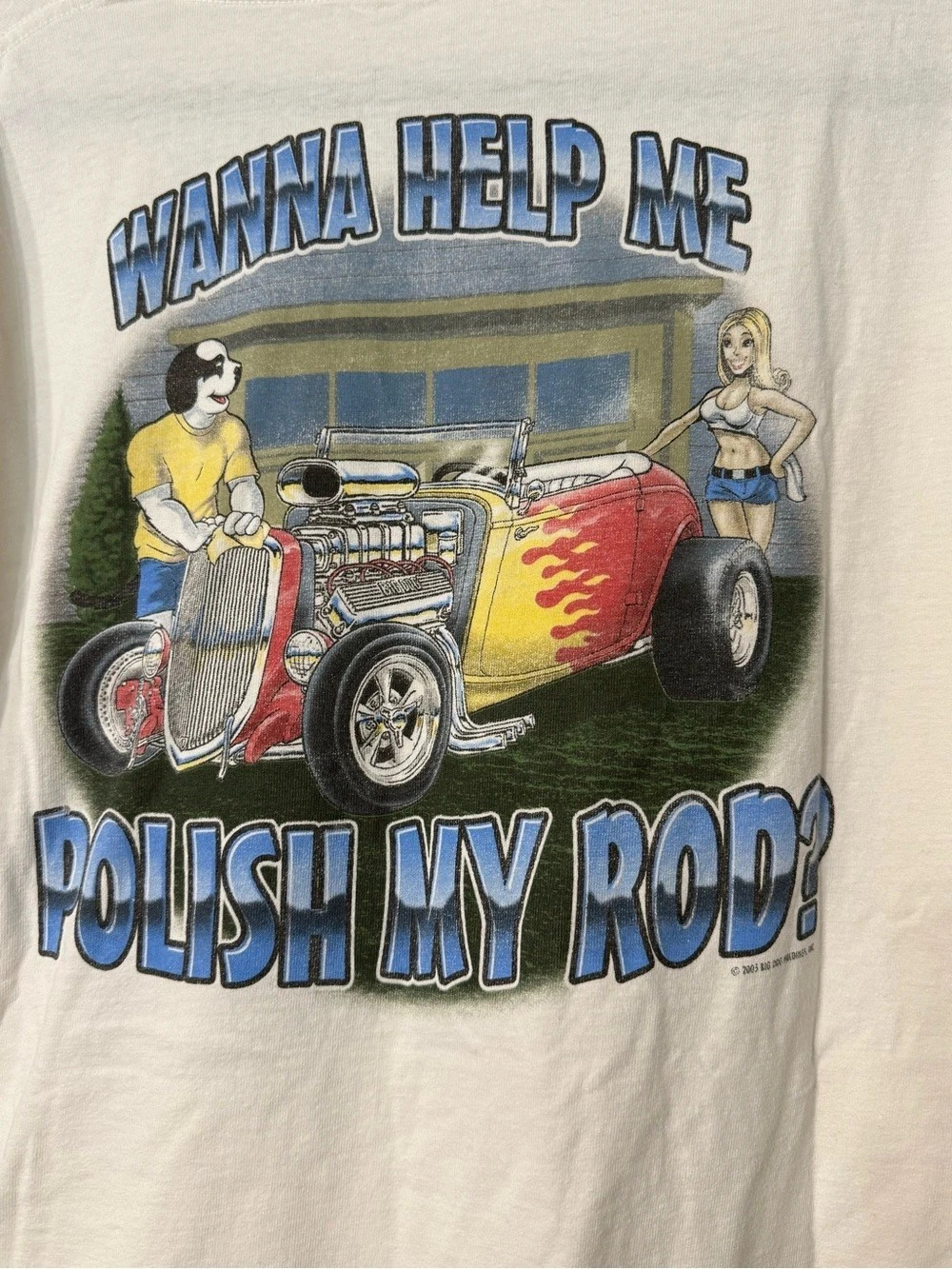 Vintage 2003 Big Dogs T Shirt XL Wanna Help Me Polish My Rod Hot Rod Y2K Graphic